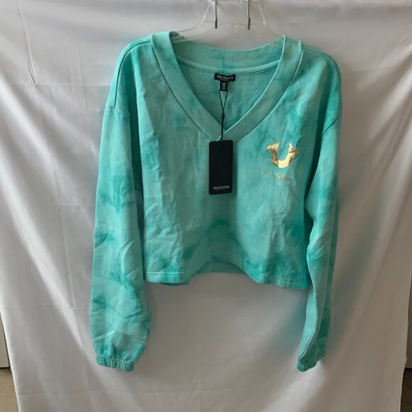 TRUE RELIGION Gold Foil Logo V Neck Cropped Pullover Sweater Sz MEDIUM - Picture 1 of 3